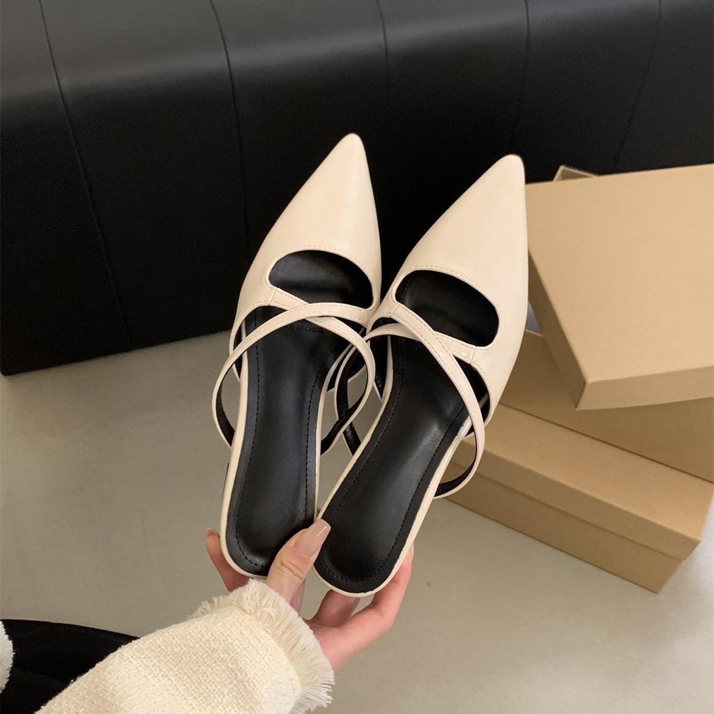 Women's bag head half slippers women's summer wear pointed head temperament soft leather flat bottom sandals