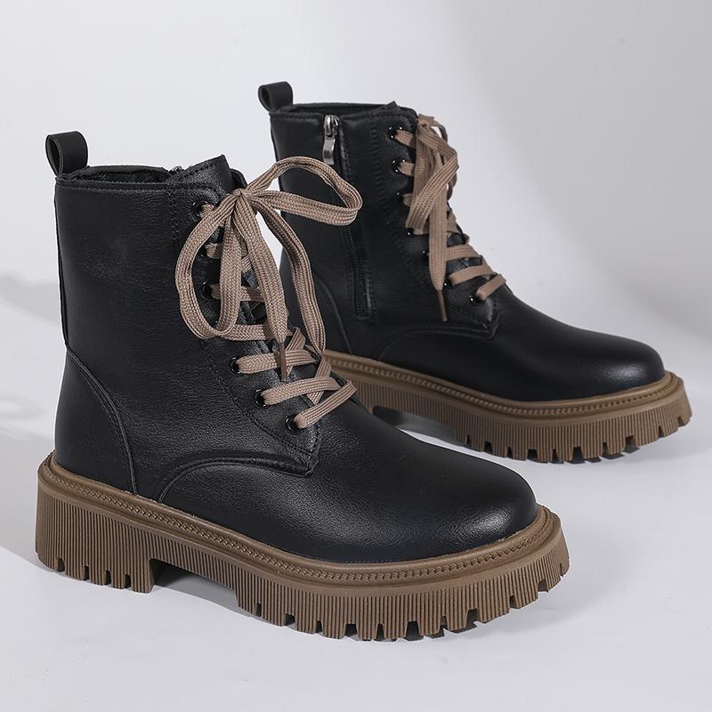 Fashion Autumn Winter Short Plush Ankle Boots Women Fashion Lace Up Pu Leather Platform Boots Woman Thick Sole Motorcycle Botas Mujer 42