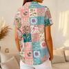Women Fashion Casual Short Sleeve Waffle Knit Polo Collar Top with Patchwork Floral Print Loose Fit Button Down Shirt