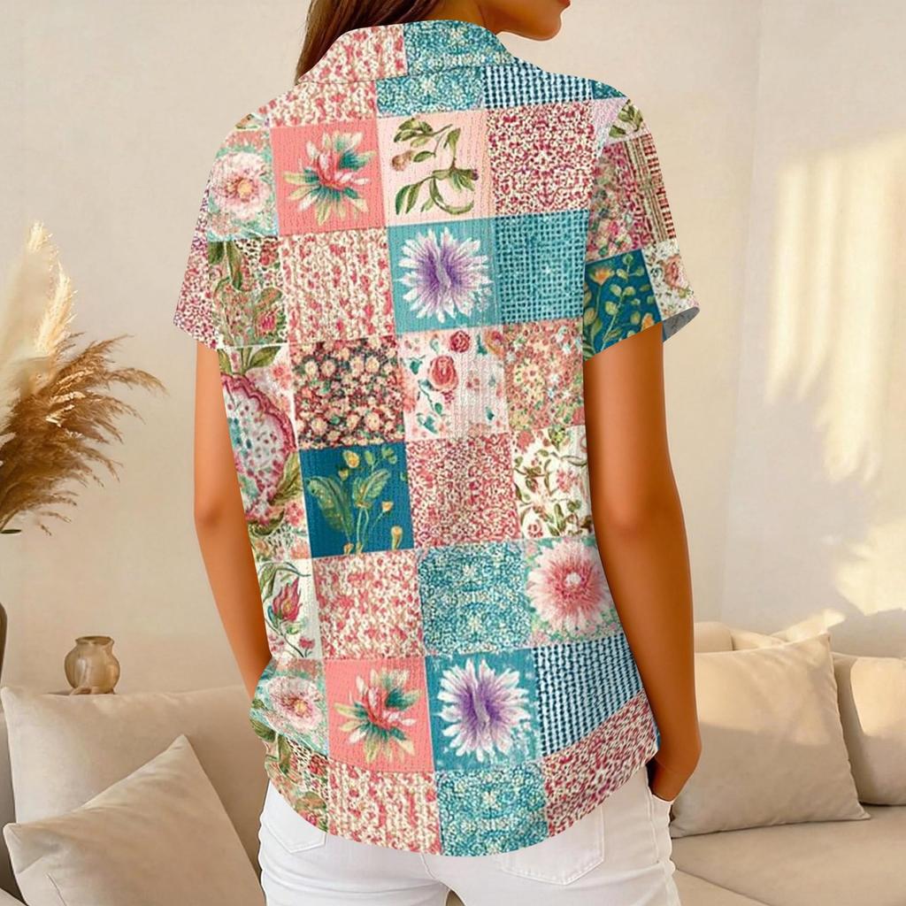 Women Fashion Casual Short Sleeve Waffle Knit Polo Collar Top with Patchwork Floral Print Loose Fit Button Down Shirt