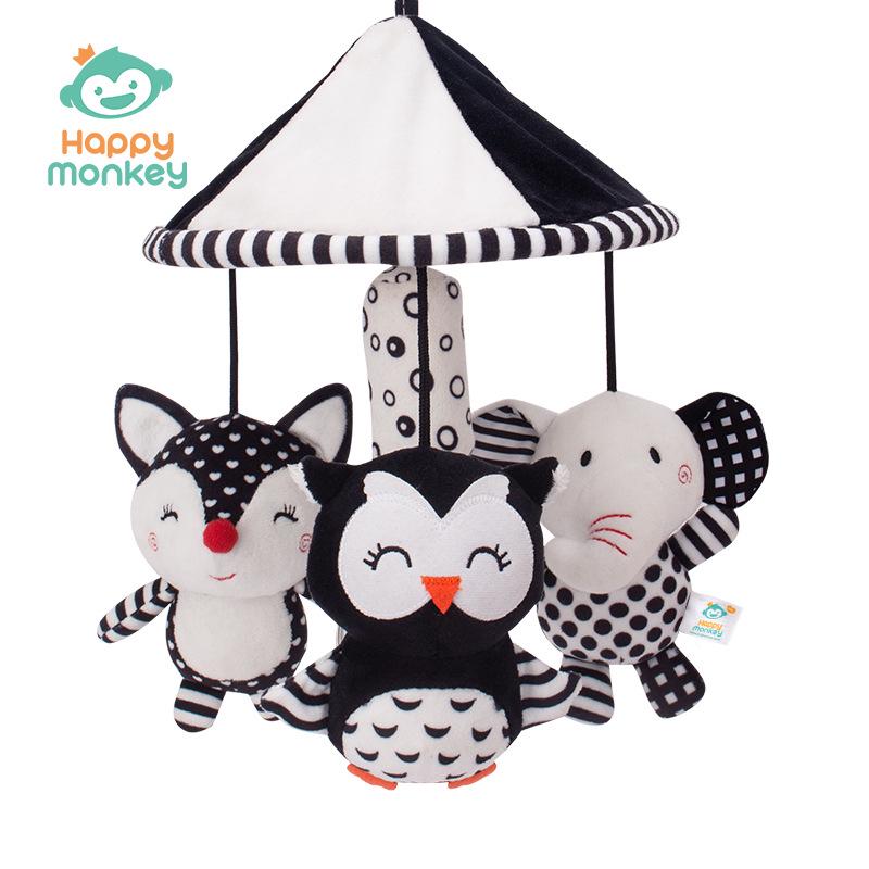 Happy Monkey Black & White Newborn Crib Mobile: Rotatable Wind Chime & Stroller Hanging Toy