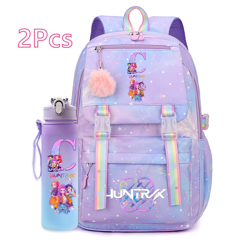 2ks/sada Ainme K-Pop Lovci démonov Ruksak s potlačou anglických písmen s 750 ml fľašou na vodu pre dospievajúce dievča chlapca Školská taška Darček