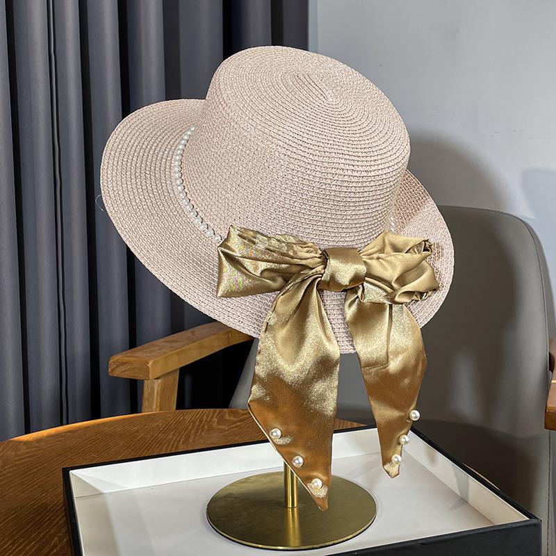 

Летняя элегантная шляпа-канотье с лентой и бантом, украшенная жемчугом, женская, для приморской пляжной прогулки, солнцезащитная, универсальная, модная adult (56-58cm) розовый