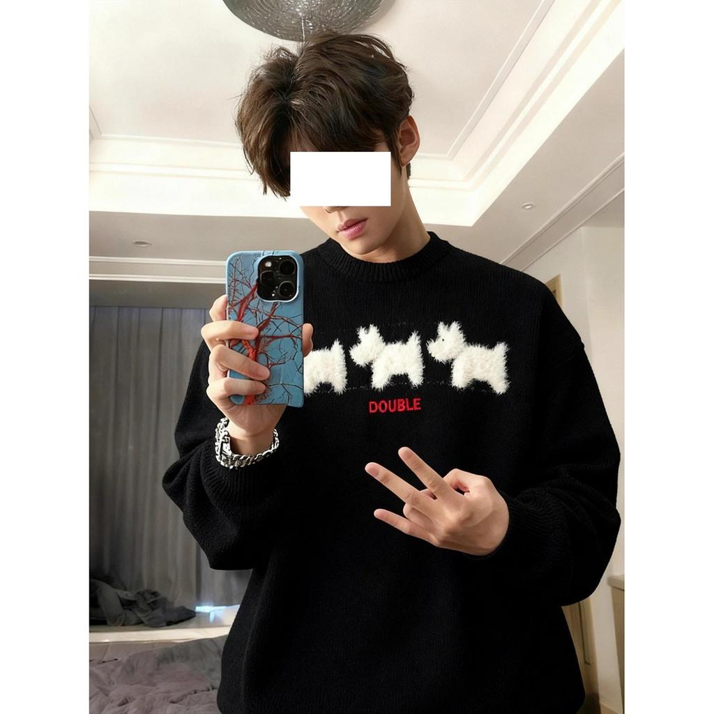 Herren Trendiger Cartoon Tier Mohair Pullover - Herbst/Winter Streetwear, Lässiger Stil, Rundhals Strick Kapuzenpullover