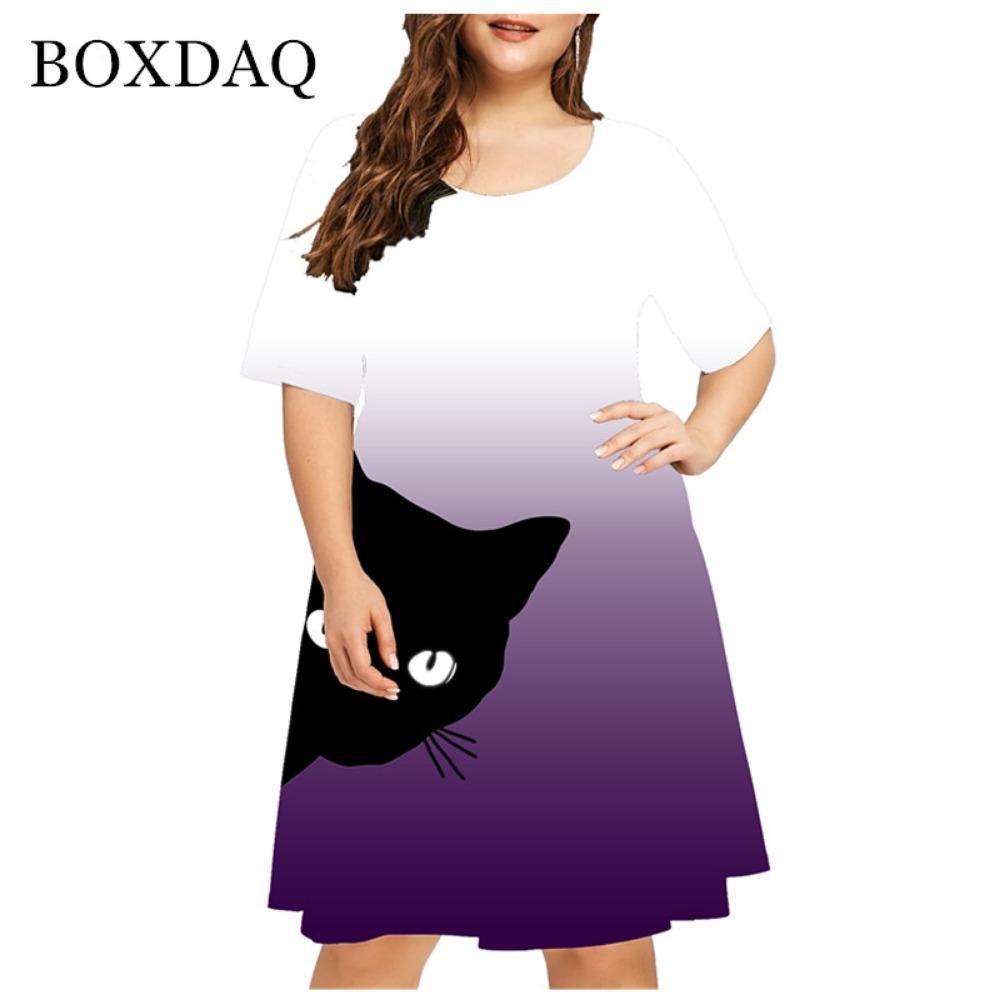 New  Summer Women Cute Cat Print Dress Casual Short Sleeve Ladies Mini Dress Street Fashion Plus Size Women Clothing