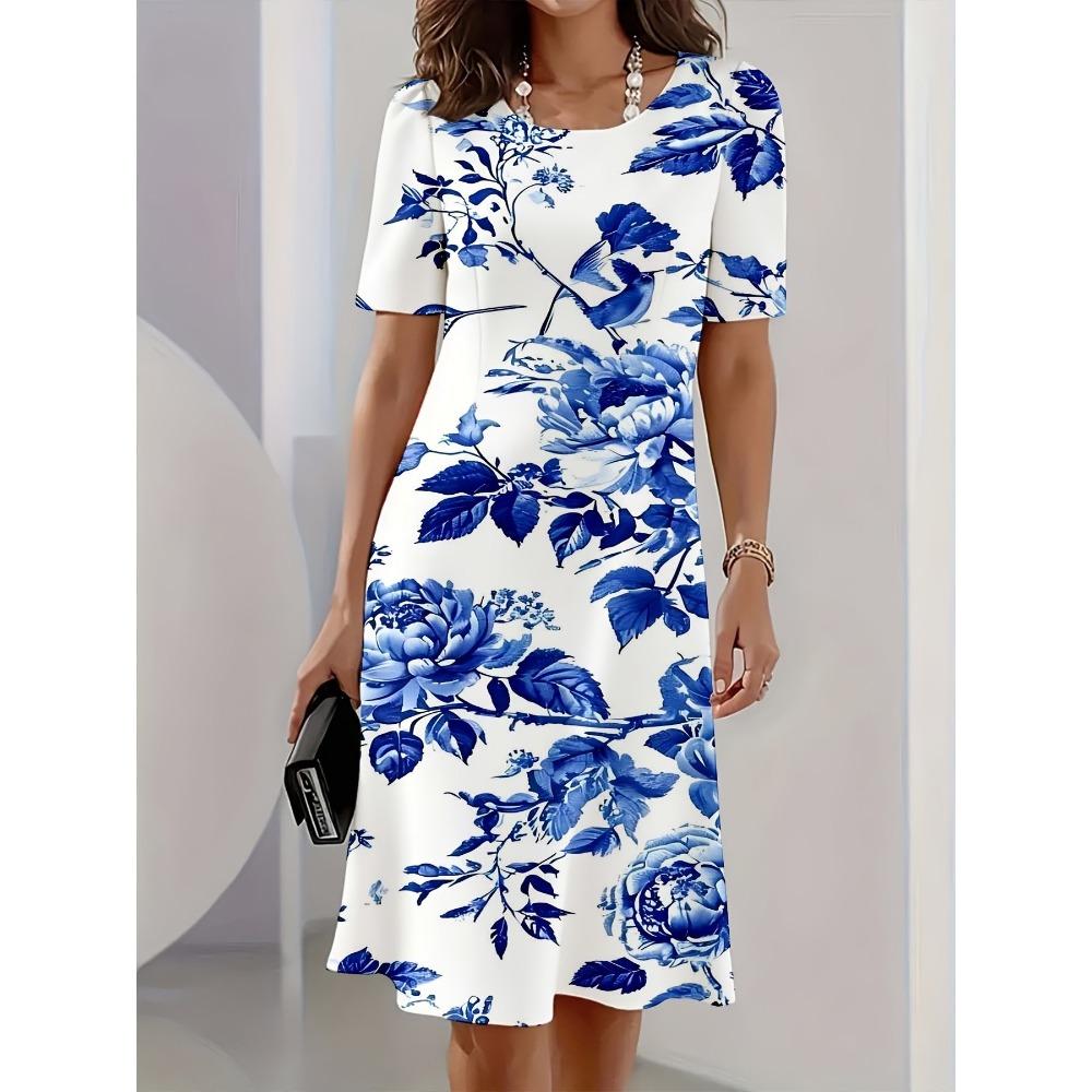 Summer Women’s Fashion Elegant Dress Flower 3D Printed Dress Loose Breathable Soft Plus-size Casual Vacation Crew Neck Short-sleeve Dress