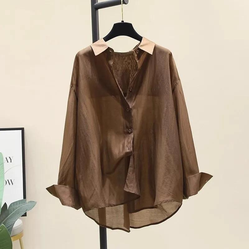 Solid Solor Thin Shirt Women's Spring/summer Korean version Long sleeved Sunscreen clothing Female Loose Casual Top
