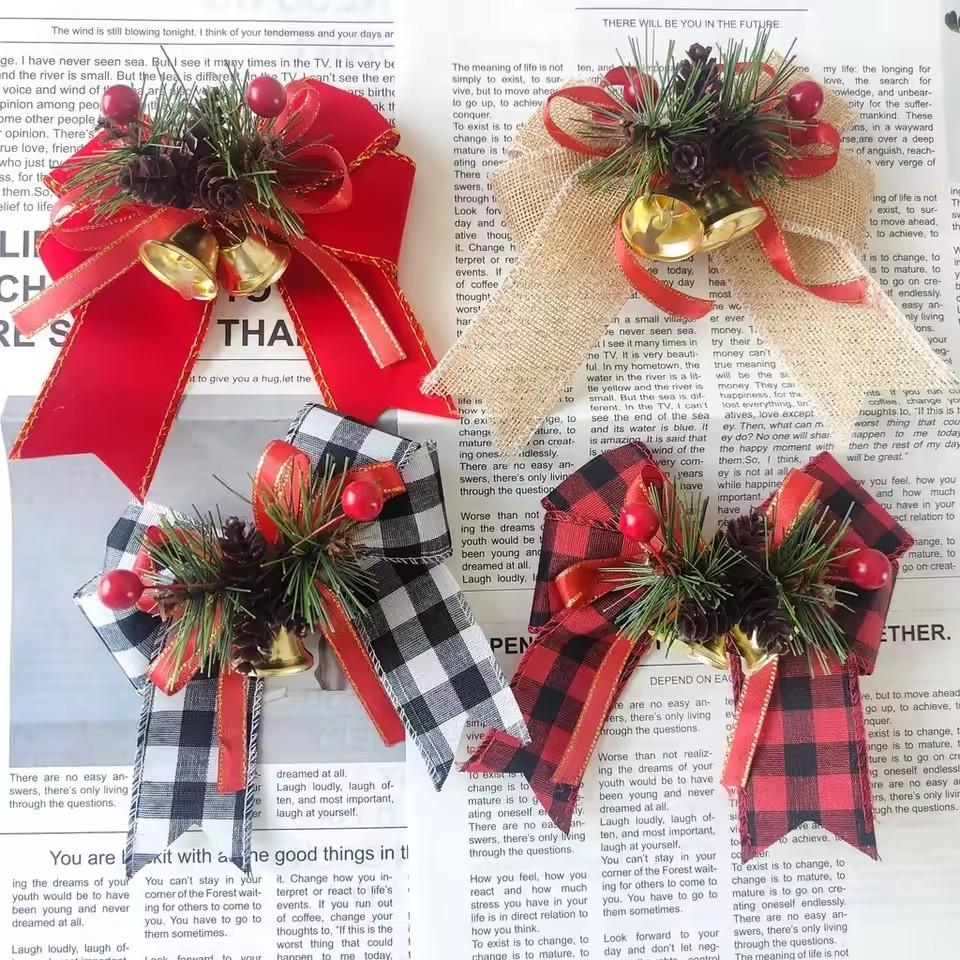 6PCS Christmas Pinecone Pine Needle Bow Christmas Grid Ribbon Bow Christmas Tree Decoration Bow Home Furnishings