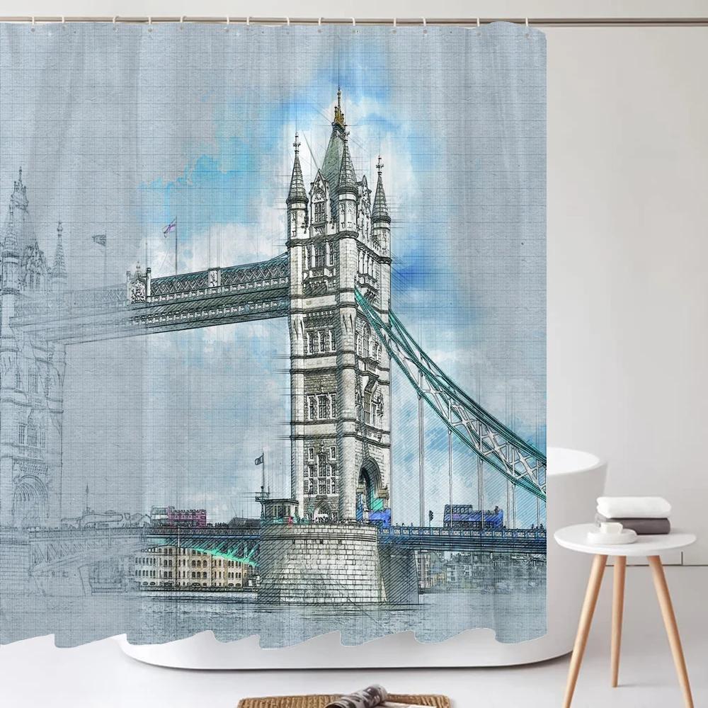 

Famous Architectural Scenery Shower Curtain Printed European landscape Polyster Home Decor Bathroom Curtain with Hooks W90XH180cm