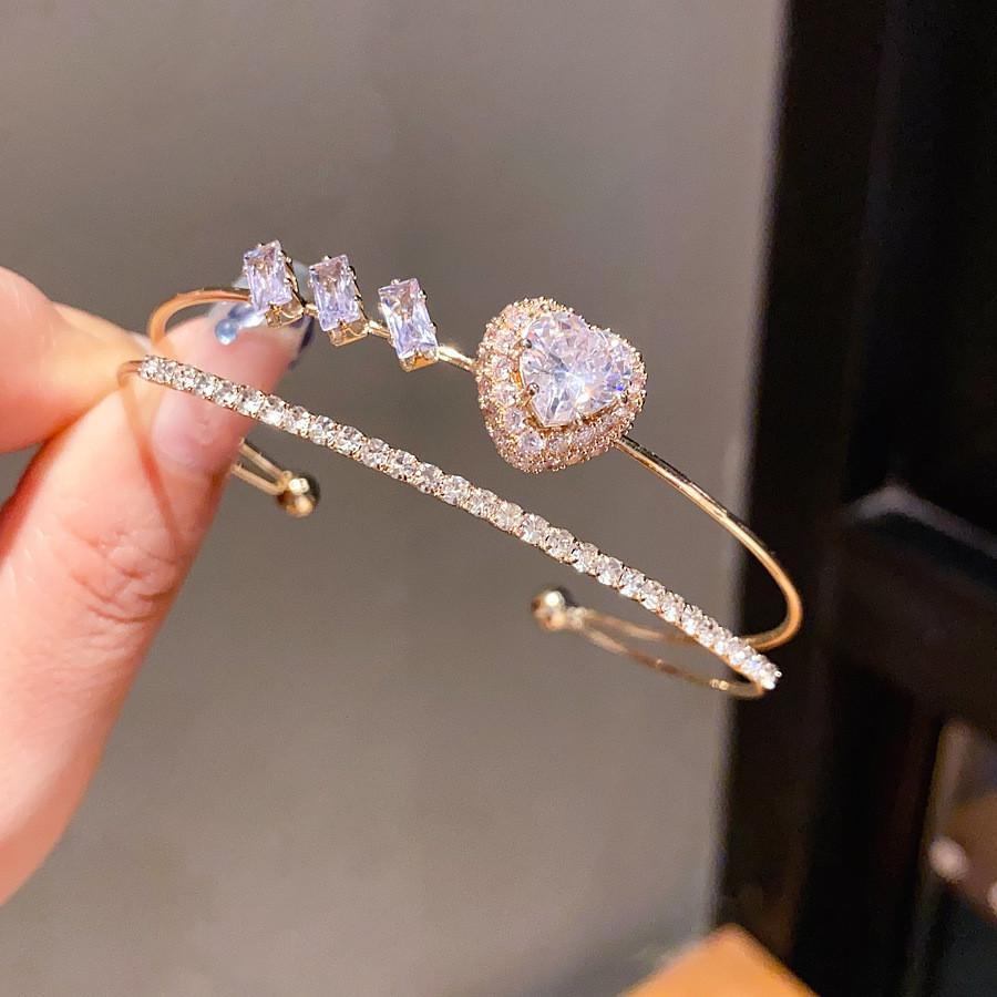 Heart Shaped Double Layer Zirconia Bangle Bracelet For Women Elegant Fashion Jewelry золотой