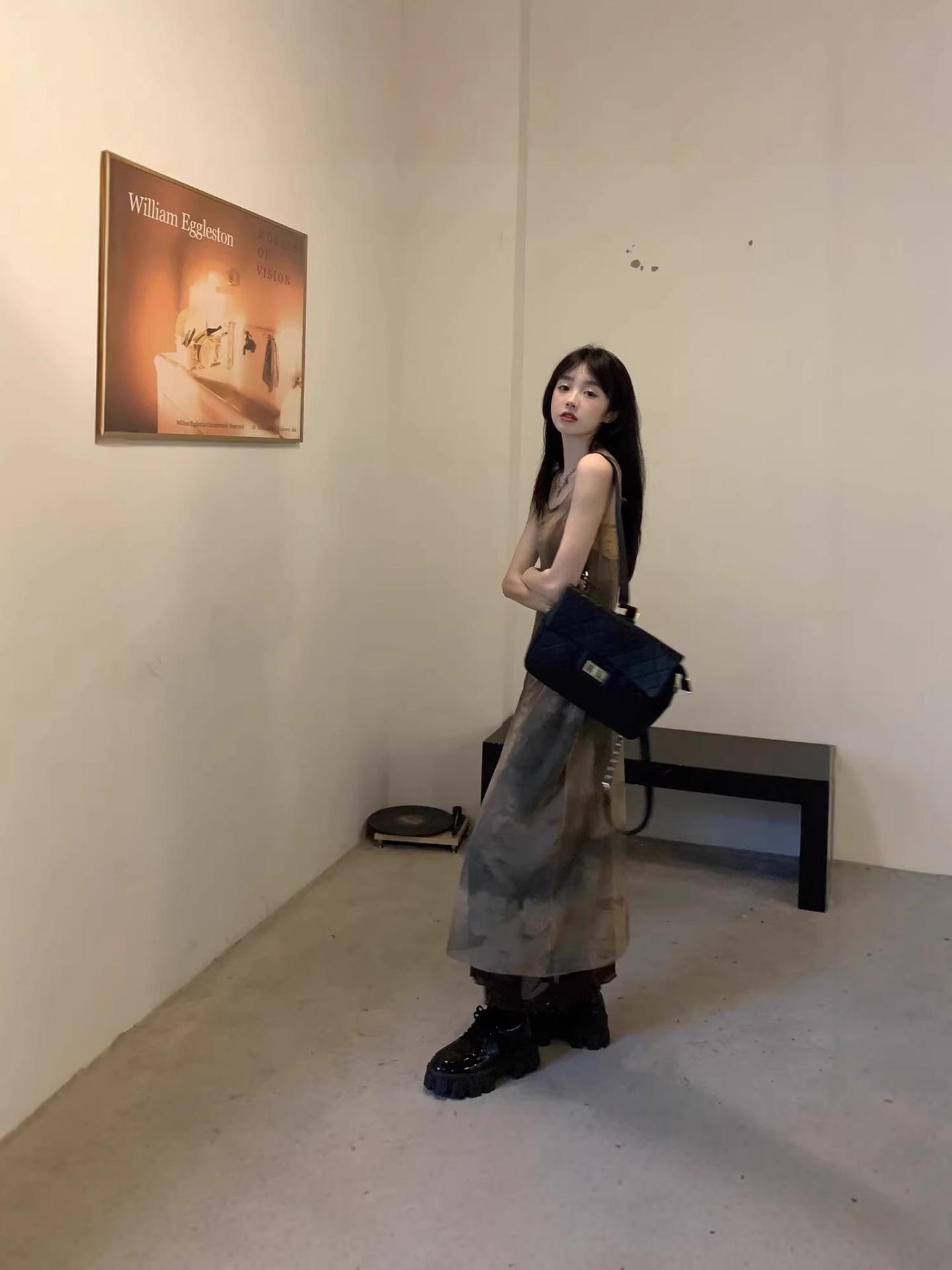 

Korean Tie-Dye Mesh Camisole Dress & Black Knit Cardigan Set One Size