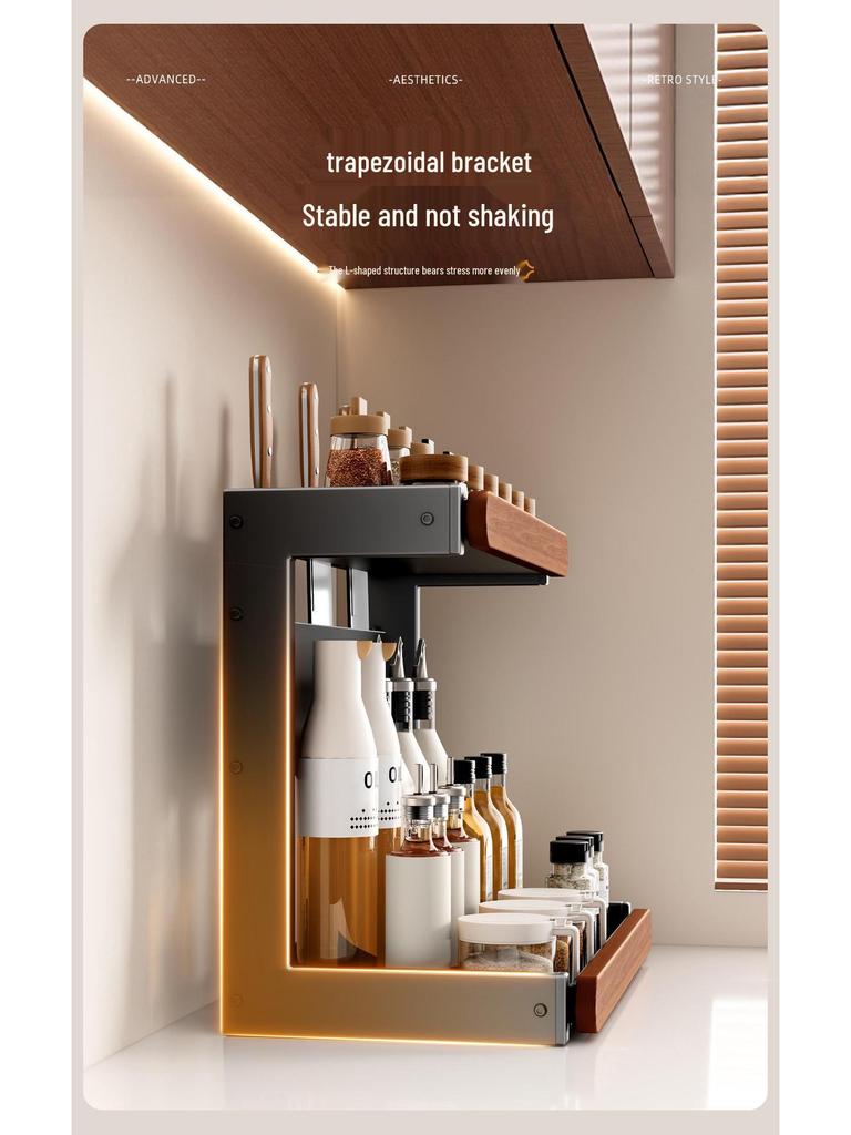 Retro Solid Wood Multi-Functional Kitchen Rack: Seasoning Storage, Jar and Bottle Holder, Knife Organizer.
