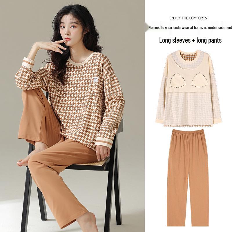 Women's Long-Sleeve Cotton Pajama Set with Chest Pads - Cozy Autumn/Winter Wear, Sweet & Stylish for Home or Outside