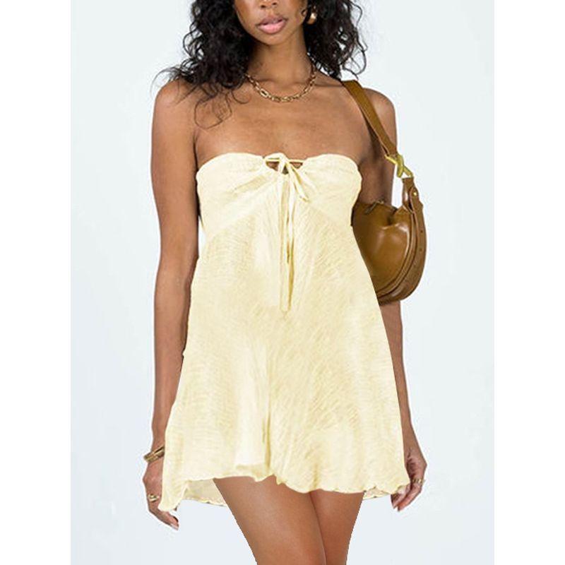 Graceful Personality Women's Clothing European American Summer New Fashion Tube Top Sexy Open Back Pure Color High Waist Dress