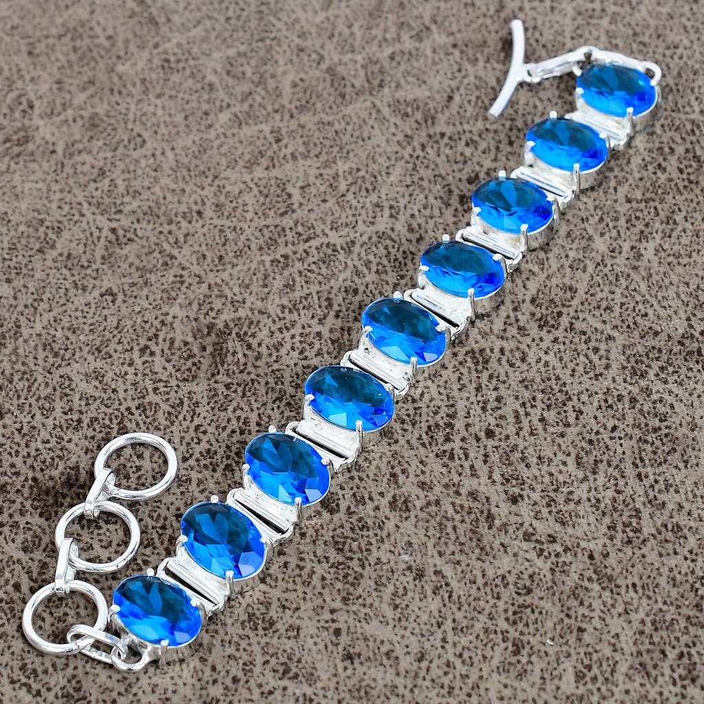 Blue Topaz Gemstone Handmade 925 Sterling Silver Bracelet 7-8" KKG-133