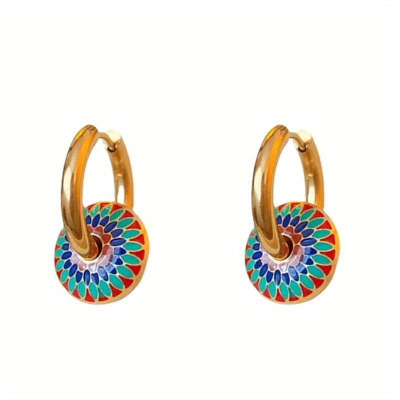 1pair Vintage Painted Daisy Pattern Design Hoop Earrings Female Creative Ethnic Style Jewelry Accessories Gifts