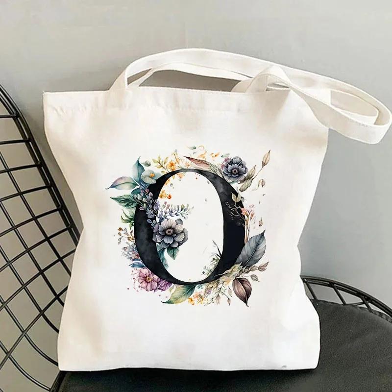 26 Black Alphabet Flower Tote Bags For Women Large Capacity Canvas Casual New Shopping Printed Reusable Handbag Eco Bag Large