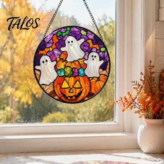 Waterproof Porch Decor Halloween Stained Glass Suncatcher Ornament, Vintage Hanging Window with Pumpkin Ghost Bat Witch Decorations Hat Pattern,