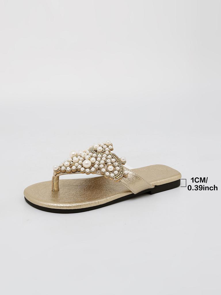 Summer new flat-bottomed cool slippers women's high-end pearl toe flip-flops go out versatile temperament sandals