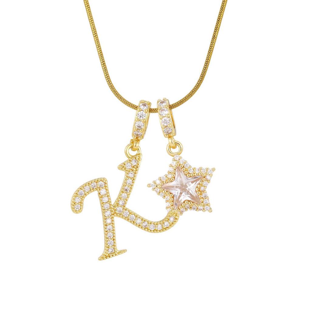 18K Gold Plated Copper Necklace with Zirconium Pentagram & Letter Pendant for Women