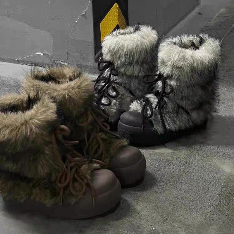 Vielseitige flauschige Schneestiefel mit dicker Sohle für Damen, neuer Stil für Herbst und Winter, mit Samt gefüttert, verdickt, modische Baumwollschuhe