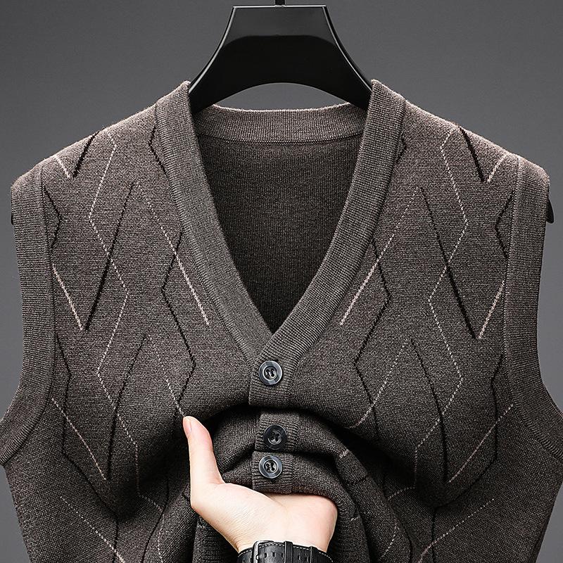 V Neck Sleeveless Thick Wool Blend Vest For Middle Aged Men Winter Casual