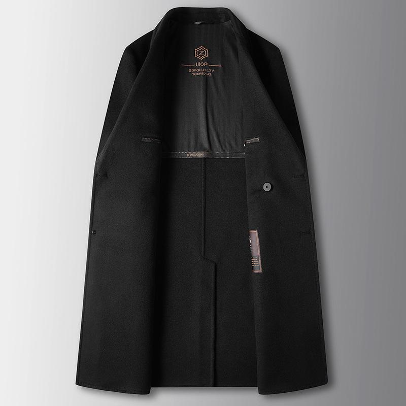 Men's Coat Autumn and Winter Long Double-breasted Handmade Wool Trench Coat, Youth Business Double-sided, Solid Color Warm Coat