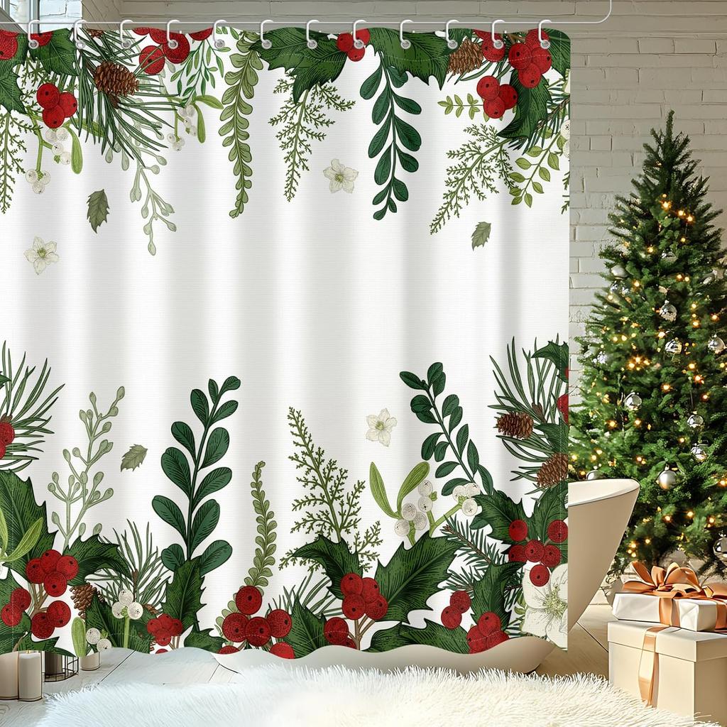 Christmas Shower Curtain, Holly Xmas New Year Holiday Winter Decor Bathroom Curtain Set Waterproof Polyester Fabric With Hooks