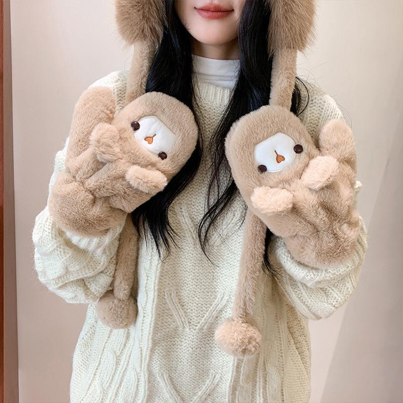 New Winter Cute Cartoon Bear Thickened Gloves Riding Student Ear Protection Plush Hat for Women Warmth Lei Feng Hat