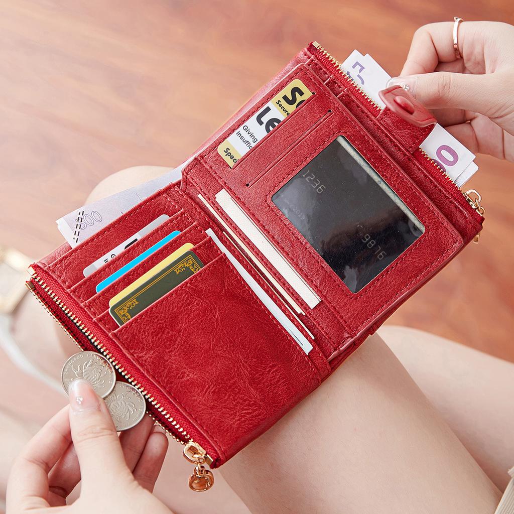 Women's Wallet Simple Multi-function Three-fold Wallet Buckle Double Zipper Short Change Bag
