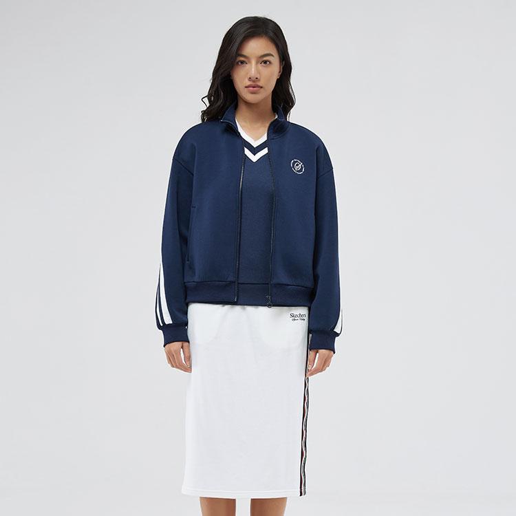 Skechers Retro Color Block Striped Warm Fashion Comfortable Stand Collar Zip Jacket Women Jackets Navy-Blue L324W021-002Z