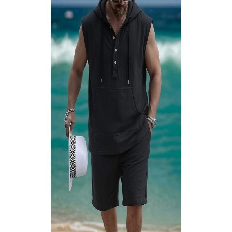Mens Casual Loose Hooded Sleeveless Vest And Shorts Set