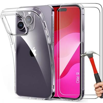 Protective Case - BOOLING - for iPhone 15 Pro - Soft Silicone - Transparent - Pack 2 Tempered Glass