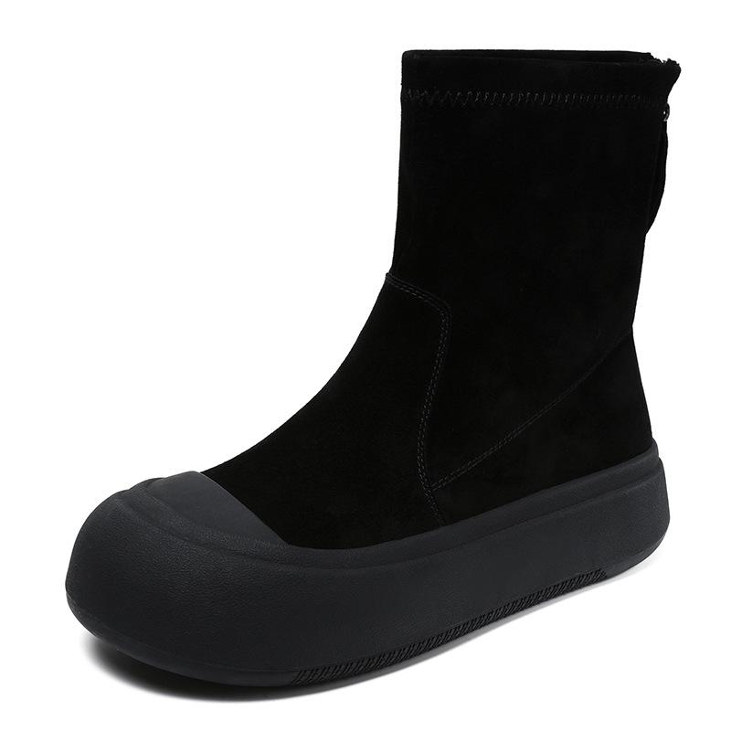 Leather Shoes, Elastic Boots, Thick-soled Shoes, Fashionable for Autumn and Winter, with Rear Zippers, Short Boots