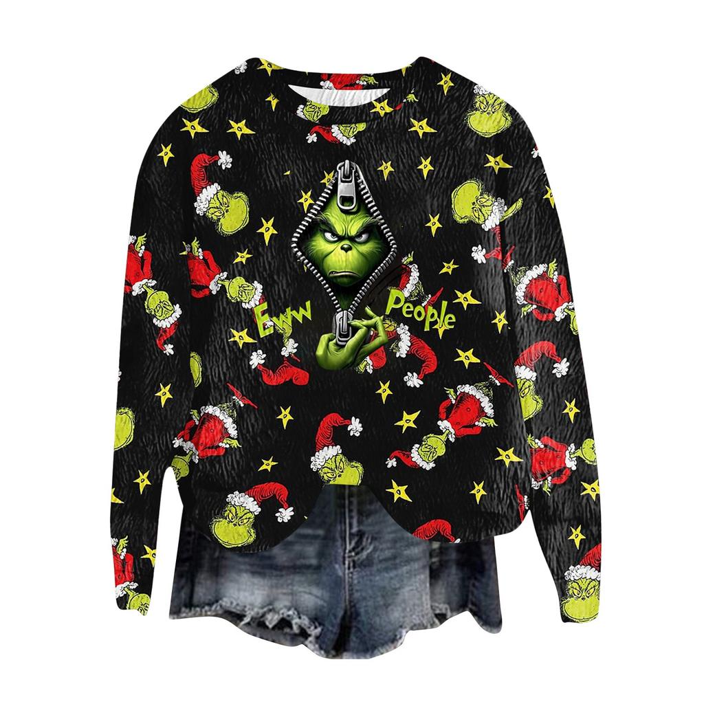 Women's Fashion Round Neck Pullover Top Long Sleeve Tee Christmas Printed Sweatshirt