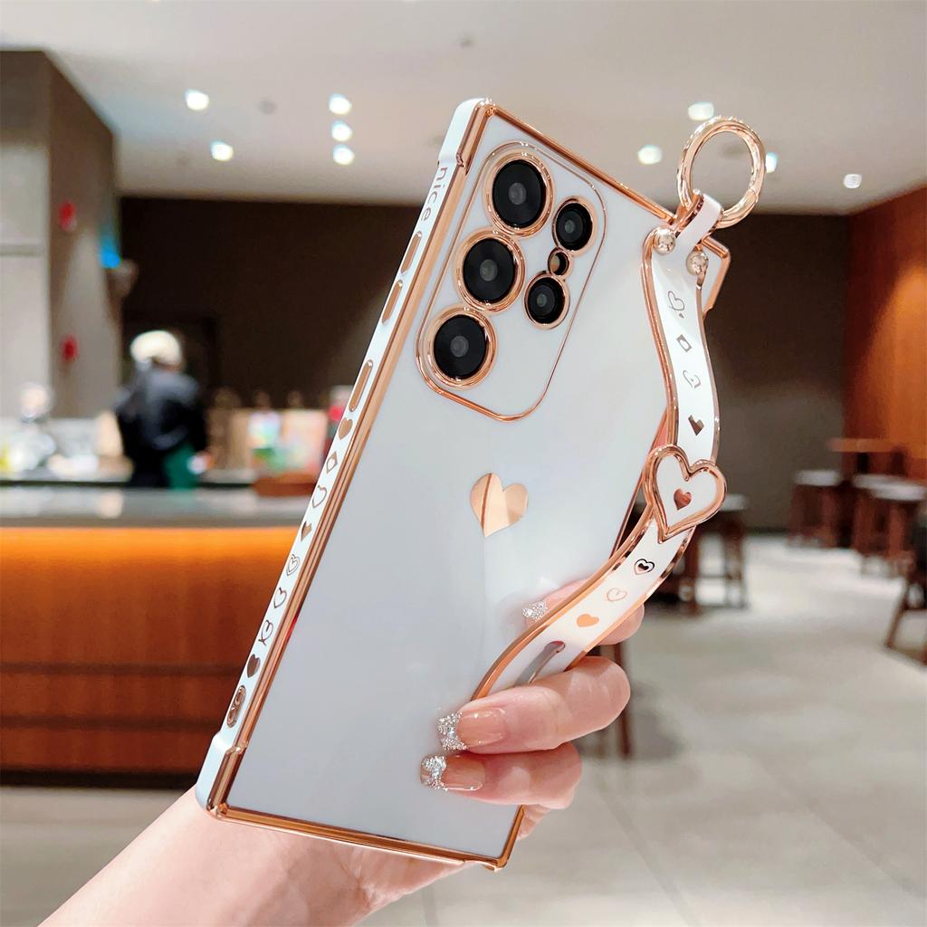 Für Samsung Galaxy S23 Ultra Hülle TPU Galvanisierung Liebesherz Muster Handyhülle Handschlaufe Halter