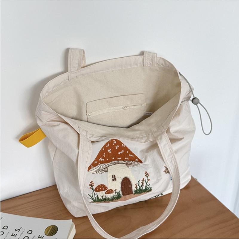 Cute Embroidery Drawstring Shoulder Bags for Women Large Capacity Versatile Ladies Tote Portable Student Girls Shopping Bag