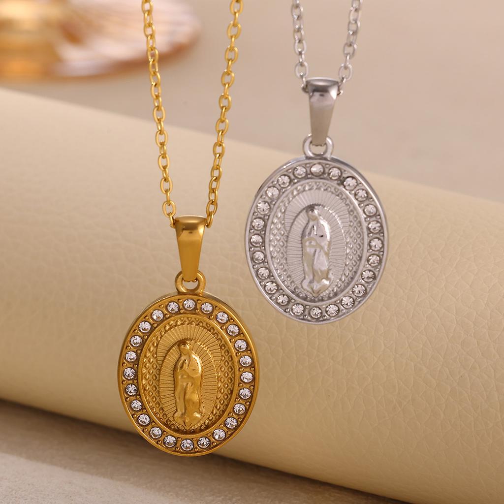 Virgin Mary Pendant With Diamonds Necklace For Women Gold Color Medal Charm Stainless Steel Religious Punk Jewelry Easter Gift