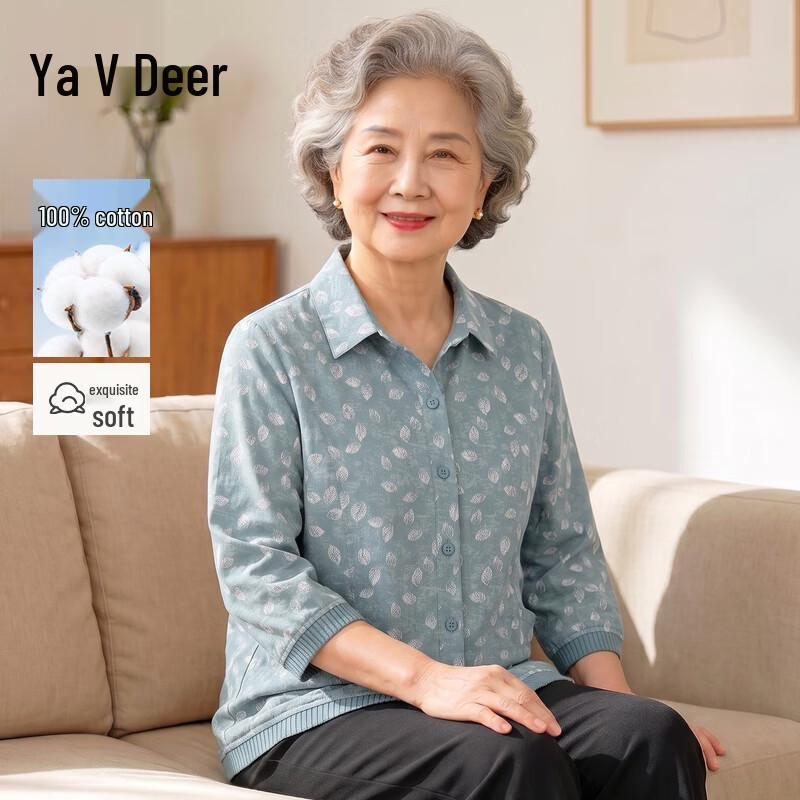 Yalu Elderly Women s Floral Cotton Nine-Tenths Sleeve Shirt XL