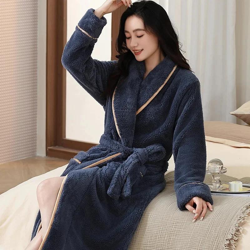

Женский длинный толстый халат из кораллового флиса, зимняя домашняя одежда, однотонный, сохраняющий тепло, утренний халат, простой дизайн, зимняя пижама L сине серый