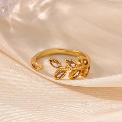 Tiny Leaf Zircon Stainless Steel Ring for Women 18K Gold-plated Anti Fading Open Ring Wedding Jewelry Accessories Christmas Gift