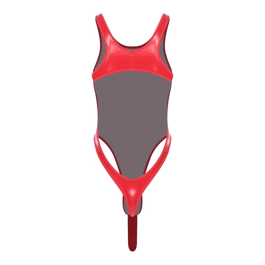 Herren Glänzender PU Ärmelloser Stehkragen Beutel Bodycon Bodysuit Dessous