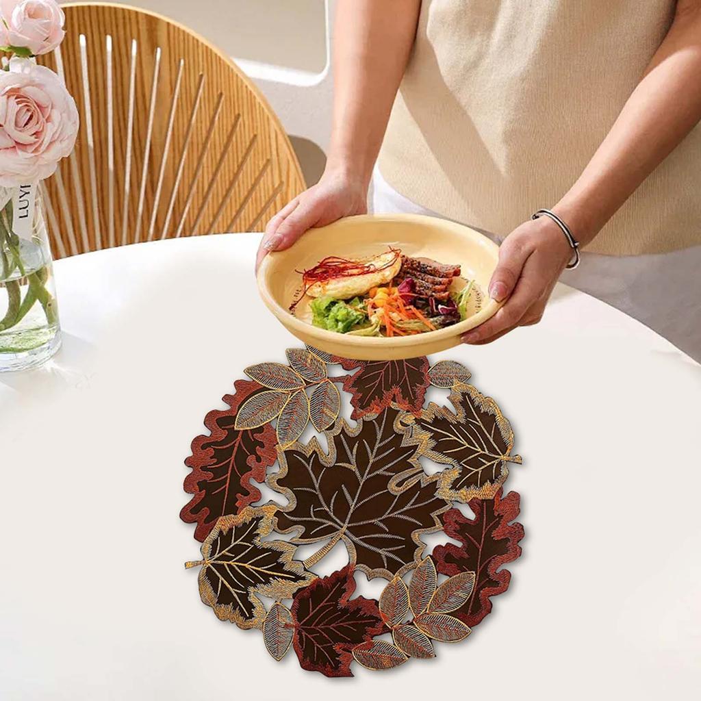 Bestickte Ahornblatt Runde Deckchen Platzsets mit Spitze Rund Herbst Tischset Tischläufer für Thanksgiving Herbst Ernte Deko
