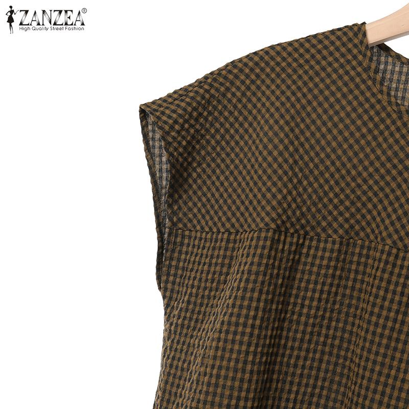 ZANZEA Women Short Sleeve Blouse and Shorts Casual Plaid Print Two Piece Sets