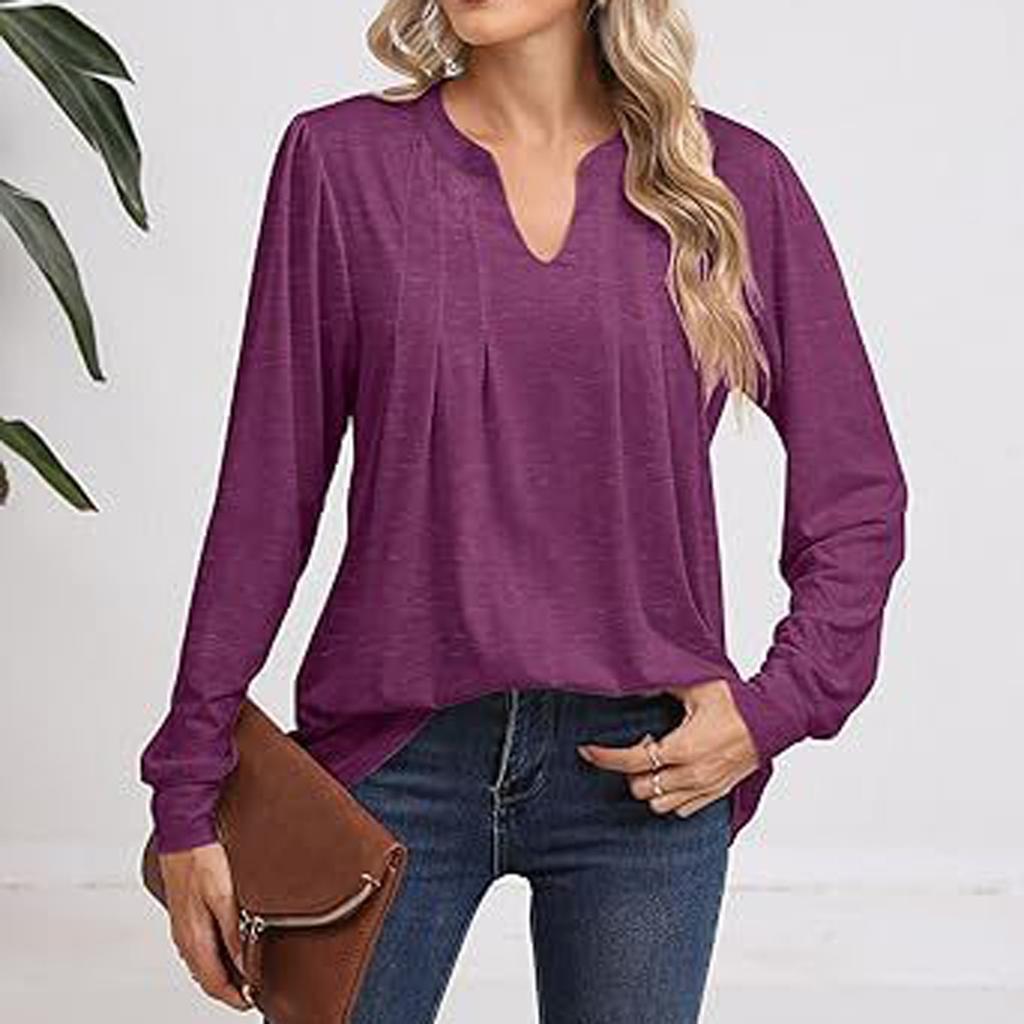 Women's Fashion Casual Long Sleeve Tops Solid Color V-Neck Tops