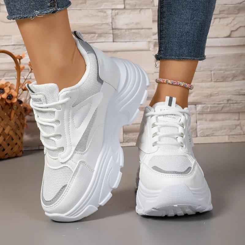 Fashion Plus Size 2025 Mesh Women's Vulcanize Shoes Outdoor Breathable Increase Height Lace Up Sneakers Versatile Ladies Casual Shoes