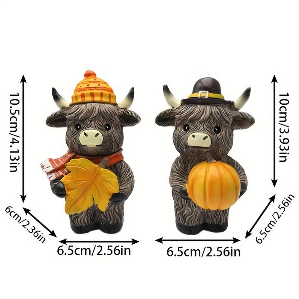 Thanksgiving Highland Cow Figurines Autumn Harvest Highland Cattle Decorations 2 Pieces Rustic Resin Animal Statue For Dining