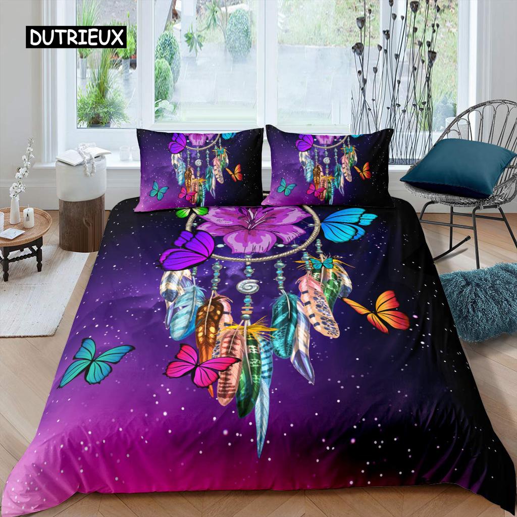 Purple Dream Catcher Duvet Cover Set Bohemian Feather Dream Catcher Bedding Set Microfiber Exotic Ethnic Style King Quilt Cover