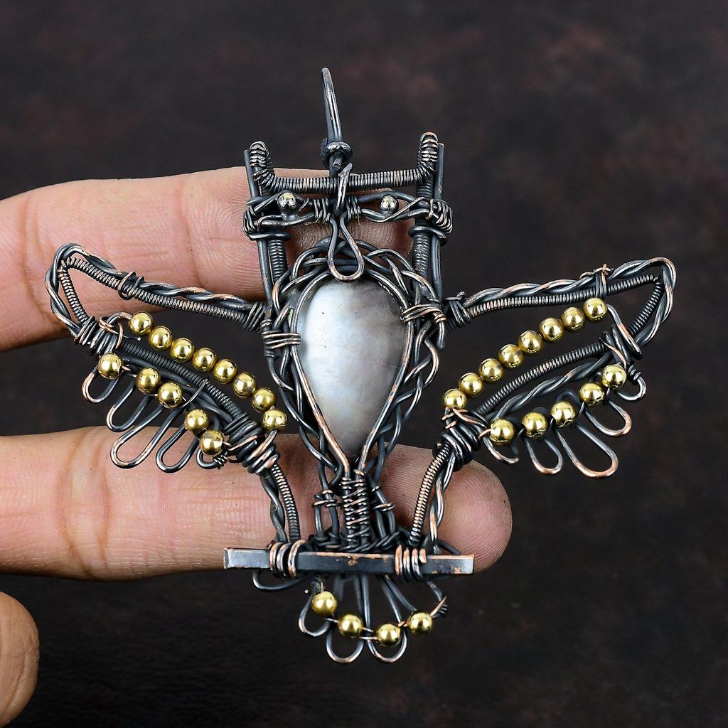 Black Mother Of Pearl Copper Pendant Wire Wrapped Pendant Handmade Pendant Copper Wire Owl Jewelry Engagement Gift Original Gemstone Pendant
