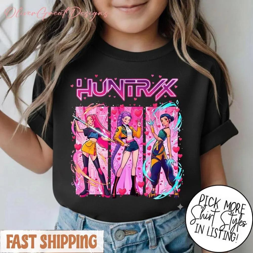 Retro HUNTRX Pattern Children's 100% Cotton T-shirt Casual Short-sleeved Anime Print Top for Children's Summer Everyday Wear